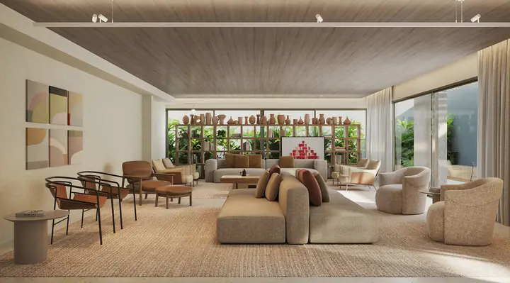 Espaço gourmet do Ipanema Almar com cozinha integrada e mesa para receber convidados